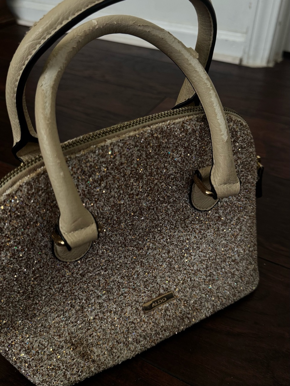 Aldo Glitter Dome Satchel Handbag in Champagne and Cream - Picture 2 of 2